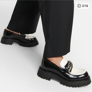 Gucci Women's Black and Cream Loafers with Silver Accent